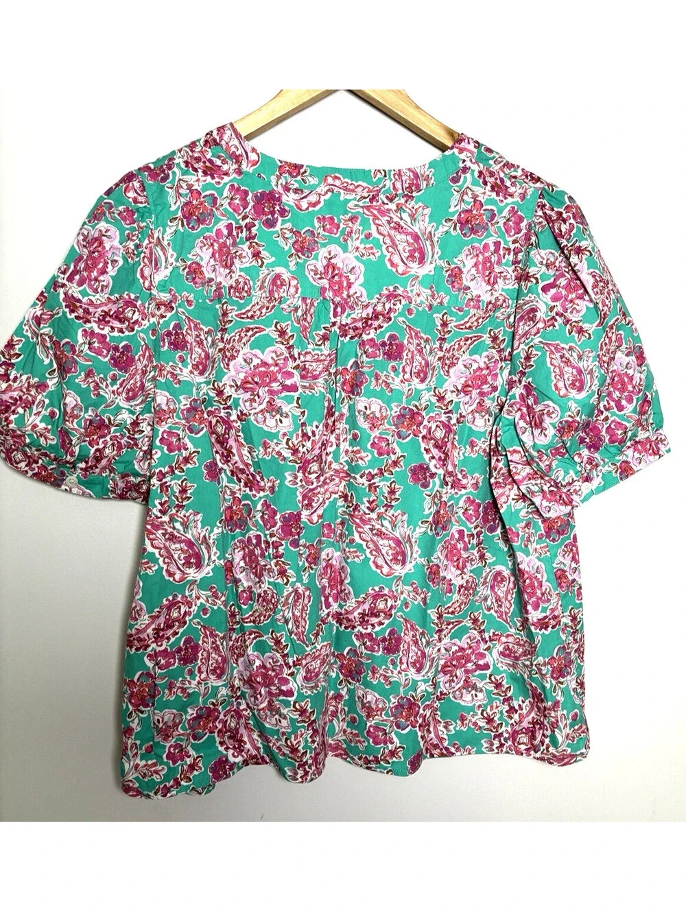 J.Crew Women Size  XL Floral  Puff Sleeve Cotton Blouse Green Pink  Style#CA199